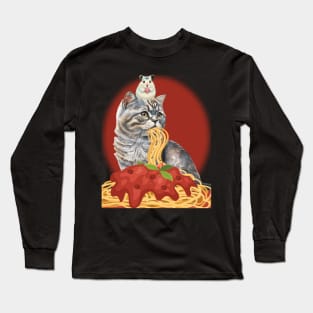 CUTE CAT EATING SPAGHETTI WITH GRATEFUL HAMSTER HOLDING A HEART Long Sleeve T-Shirt